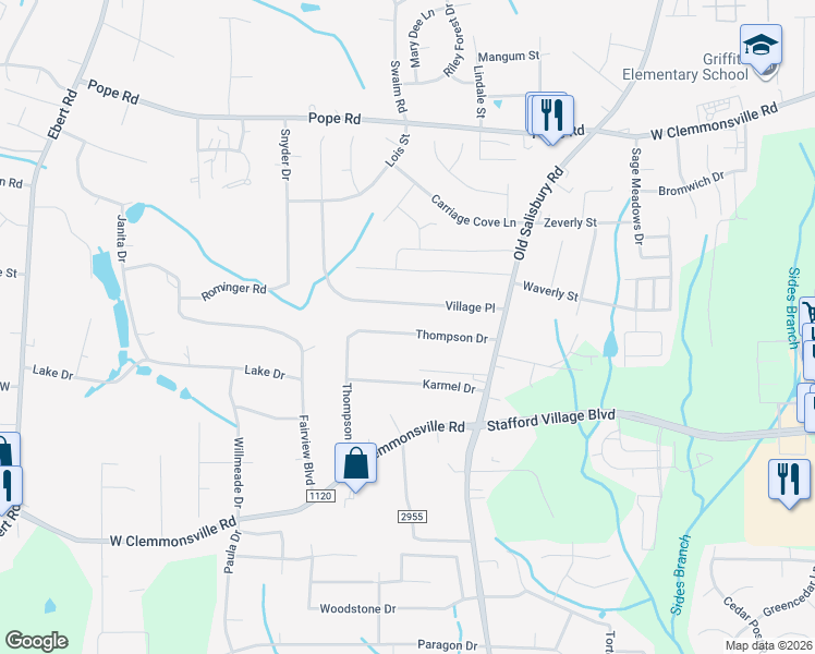 map of restaurants, bars, coffee shops, grocery stores, and more near 1679 Thompson Drive in Winston-Salem