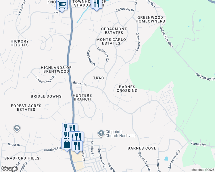 map of restaurants, bars, coffee shops, grocery stores, and more near 624 Cedarmont Drive in Nashville