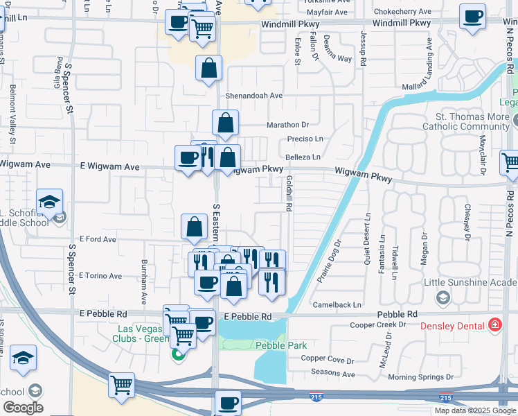 map of restaurants, bars, coffee shops, grocery stores, and more near 2514 Quail Canyon Avenue in Henderson