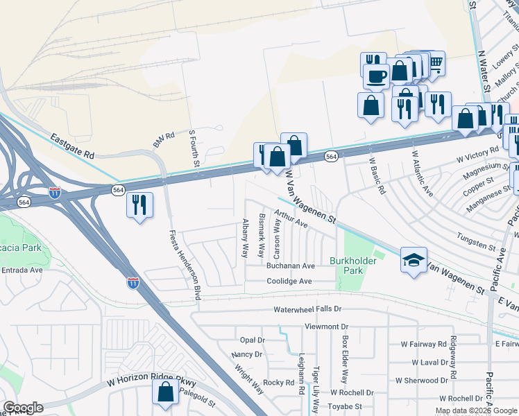 map of restaurants, bars, coffee shops, grocery stores, and more near 200 Bismark Way in Henderson