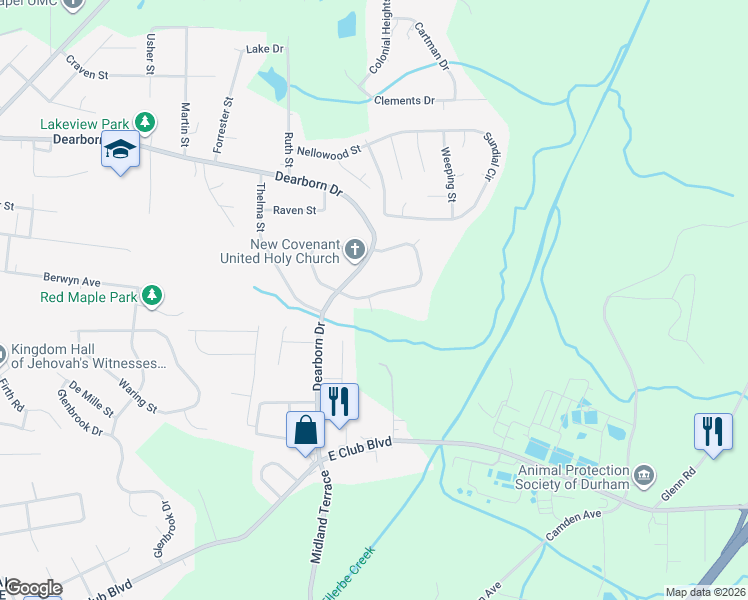 map of restaurants, bars, coffee shops, grocery stores, and more near 1420 Maplewood Drive in Durham