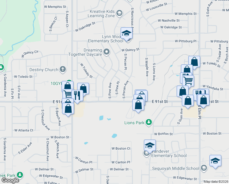map of restaurants, bars, coffee shops, grocery stores, and more near 1742 South Pine Place in Broken Arrow
