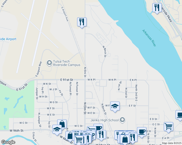 map of restaurants, bars, coffee shops, grocery stores, and more near 411 West K Place in Jenks