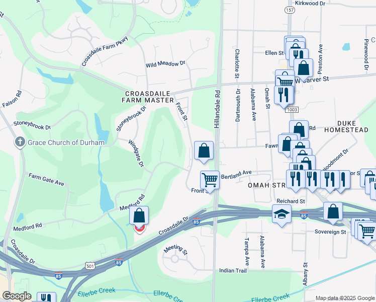 map of restaurants, bars, coffee shops, grocery stores, and more near 1917 Front Street in Durham