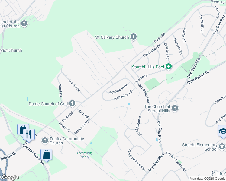 map of restaurants, bars, coffee shops, grocery stores, and more near 523 Bushwood Drive in Knoxville