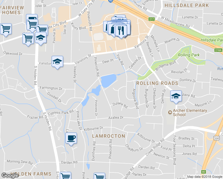 map of restaurants, bars, coffee shops, grocery stores, and more near 2609 Antoine Drive in Greensboro
