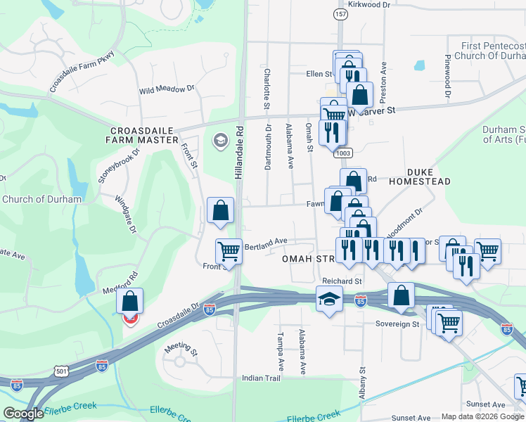 map of restaurants, bars, coffee shops, grocery stores, and more near 2917 Fawn Avenue in Durham
