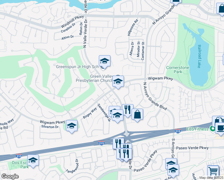 map of restaurants, bars, coffee shops, grocery stores, and more near Wigwam Pkwy & N Valle Verde Dr in Henderson