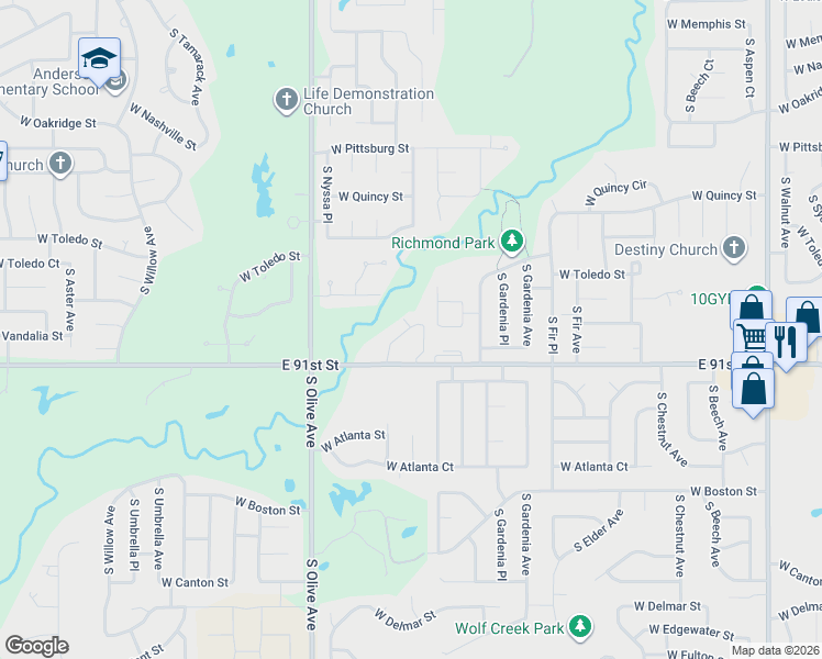 map of restaurants, bars, coffee shops, grocery stores, and more near 3320 West Washington Street in Broken Arrow