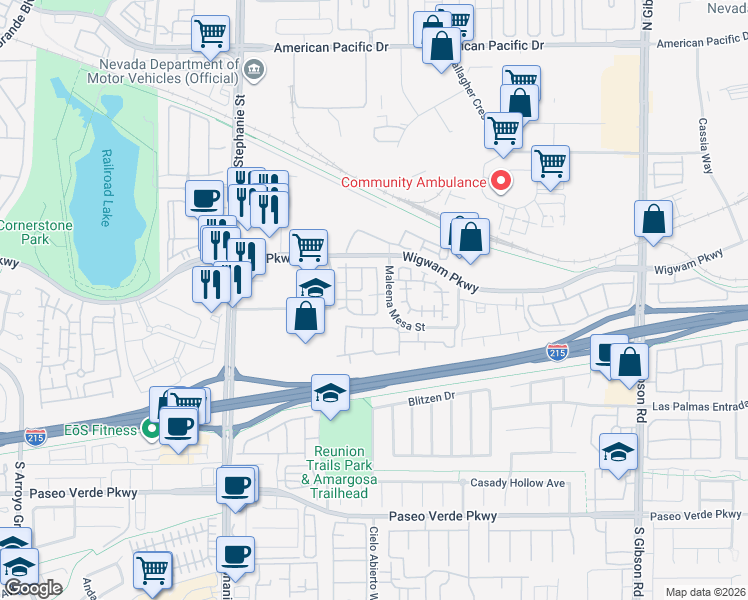 map of restaurants, bars, coffee shops, grocery stores, and more near 67 Dow Jones Street in Henderson