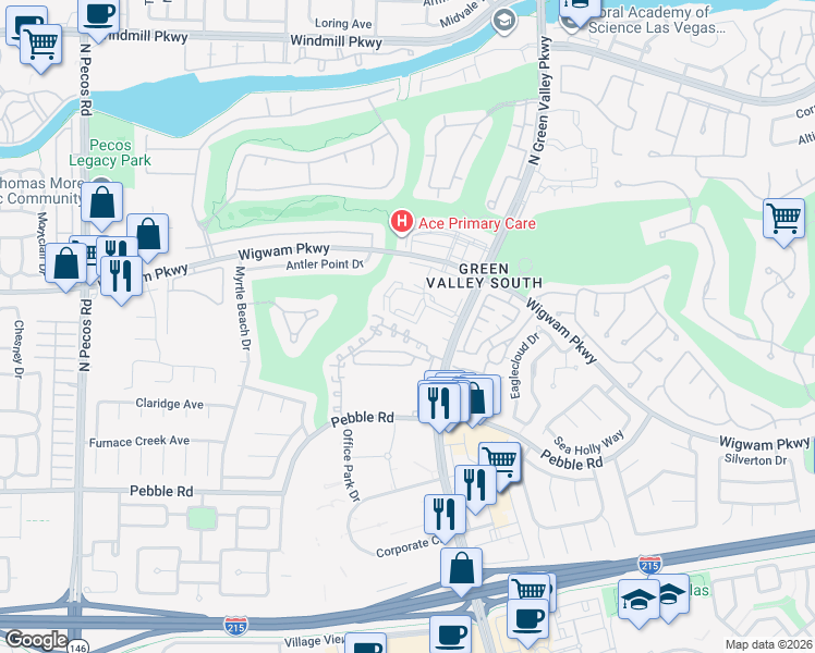 map of restaurants, bars, coffee shops, grocery stores, and more near 2225 Ramsgate Drive in Henderson