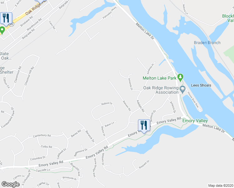 map of restaurants, bars, coffee shops, grocery stores, and more near 113 Balsam Road in Oak Ridge