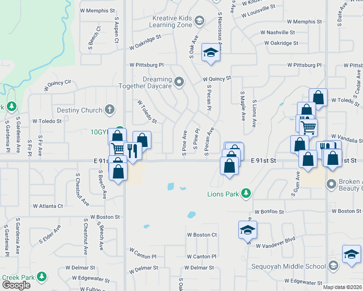 map of restaurants, bars, coffee shops, grocery stores, and more near 1766 South Poplar Avenue West in Broken Arrow