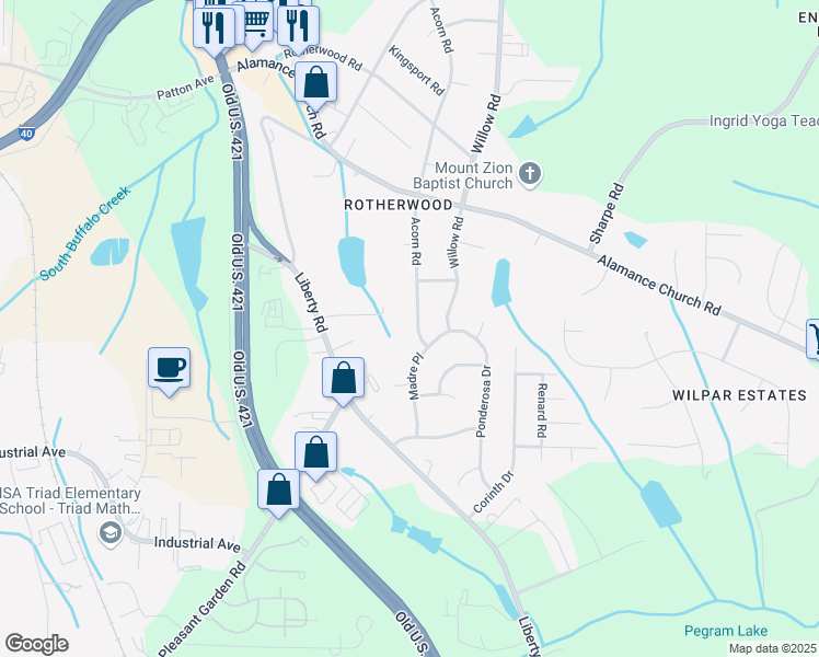 map of restaurants, bars, coffee shops, grocery stores, and more near 2318 Acorn Road in Greensboro
