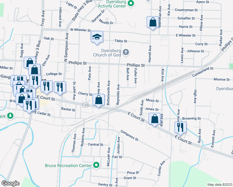 map of restaurants, bars, coffee shops, grocery stores, and more near 207 Reynolds Avenue in Dyersburg