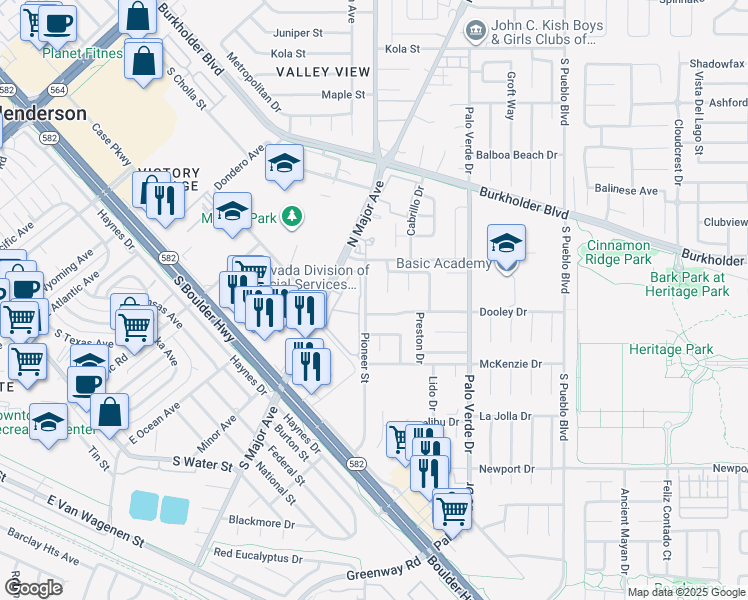 map of restaurants, bars, coffee shops, grocery stores, and more near 420 Pioneer Street in Henderson