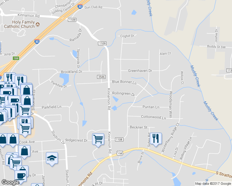 map of restaurants, bars, coffee shops, grocery stores, and more near 6081 Rollingreen Drive in Winston-Salem