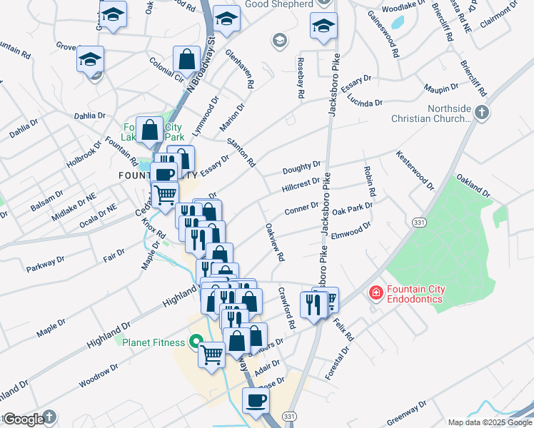 map of restaurants, bars, coffee shops, grocery stores, and more near 3005 Conner Drive in Knoxville