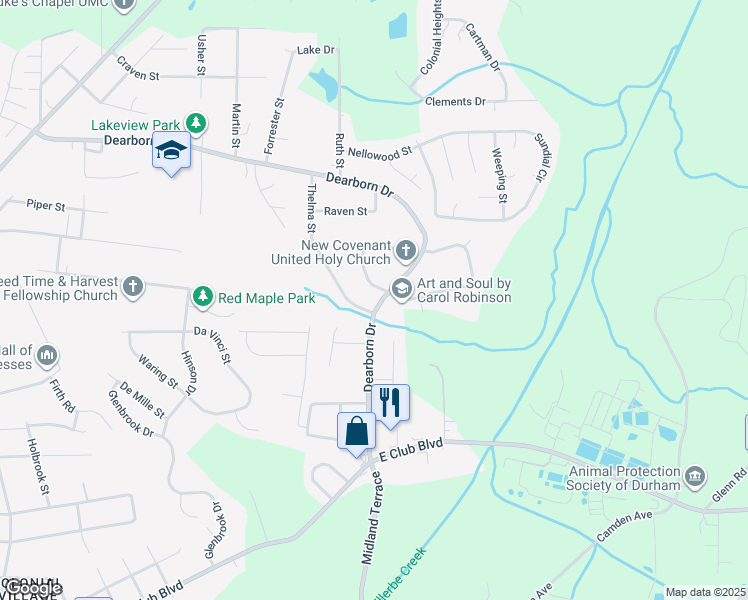 map of restaurants, bars, coffee shops, grocery stores, and more near 2707 Dearborn Drive in Durham
