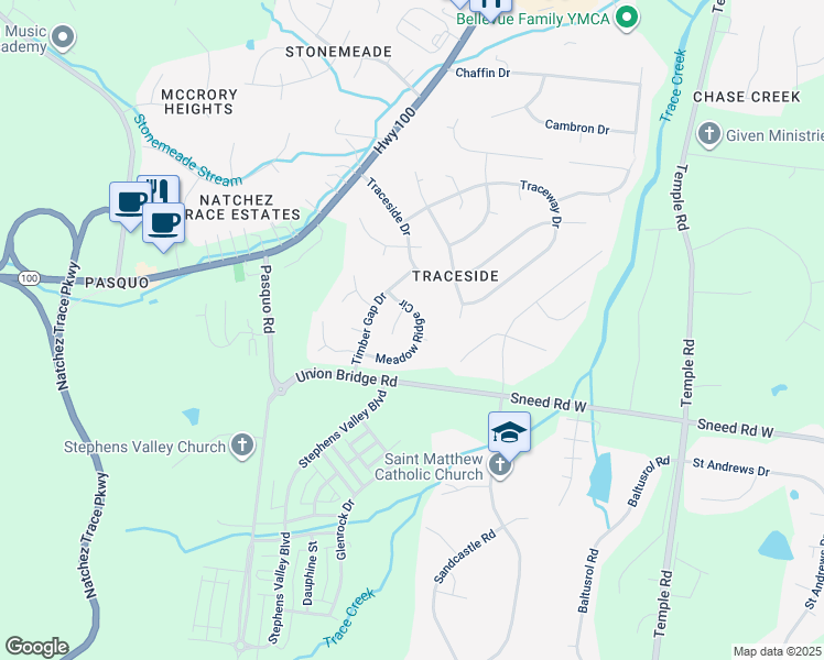 map of restaurants, bars, coffee shops, grocery stores, and more near 7016 Meadow Ridge Circle in Nashville