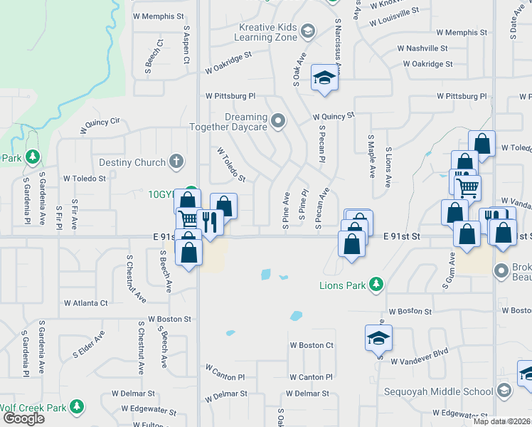 map of restaurants, bars, coffee shops, grocery stores, and more near 1766 South Poplar Avenue West in Broken Arrow