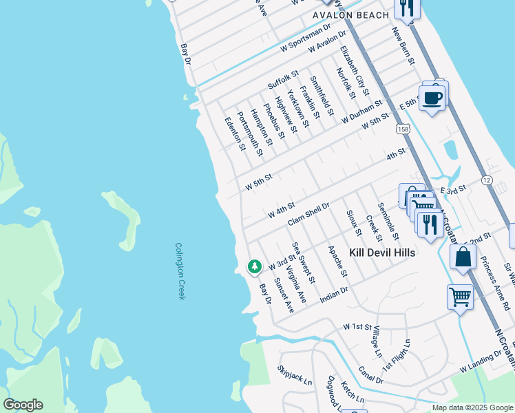 map of restaurants, bars, coffee shops, grocery stores, and more near 1110 Charlotte Lane in Kill Devil Hills