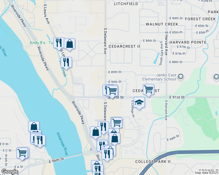 map of restaurants, bars, coffee shops, grocery stores, and more near 9019 South Delaware Avenue in Tulsa