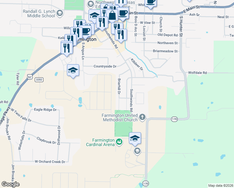 map of restaurants, bars, coffee shops, grocery stores, and more near 267 Briarhill Drive in Farmington