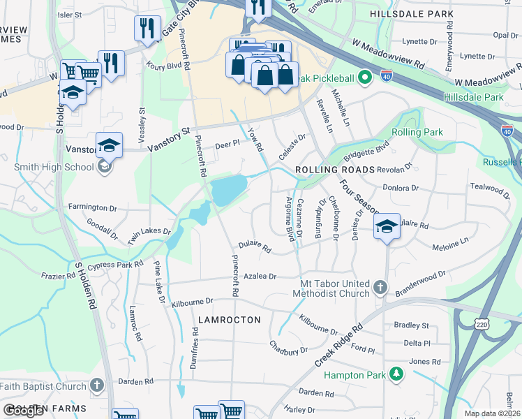 map of restaurants, bars, coffee shops, grocery stores, and more near 2605 Chantilly Place in Greensboro