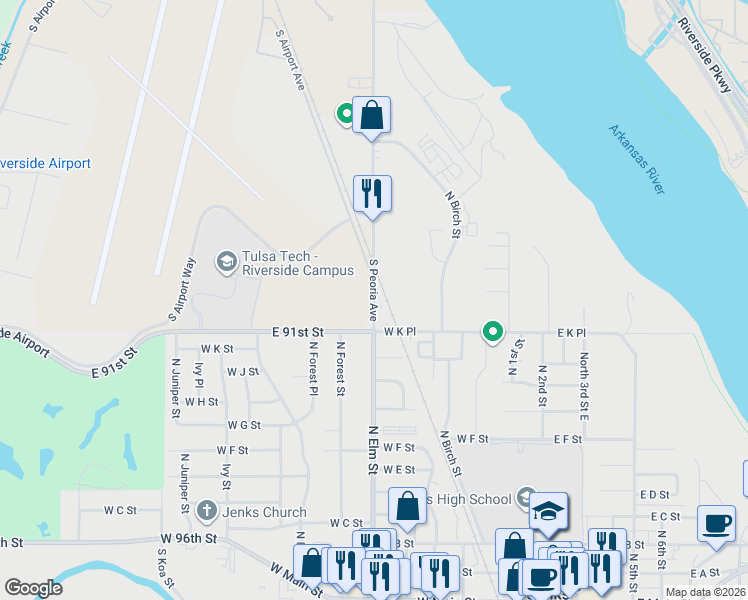 map of restaurants, bars, coffee shops, grocery stores, and more near North Elm Street in Jenks