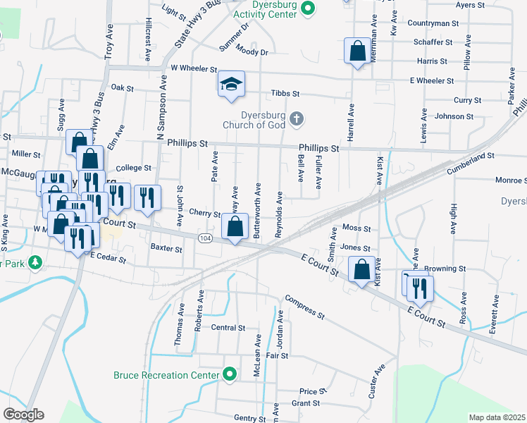 map of restaurants, bars, coffee shops, grocery stores, and more near 207 Reynolds Avenue in Dyersburg