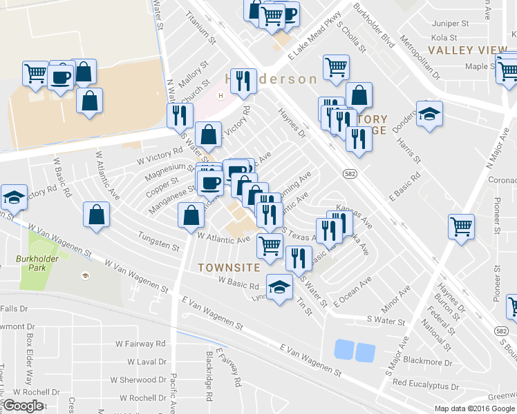 map of restaurants, bars, coffee shops, grocery stores, and more near 22 East Texas Avenue in Henderson