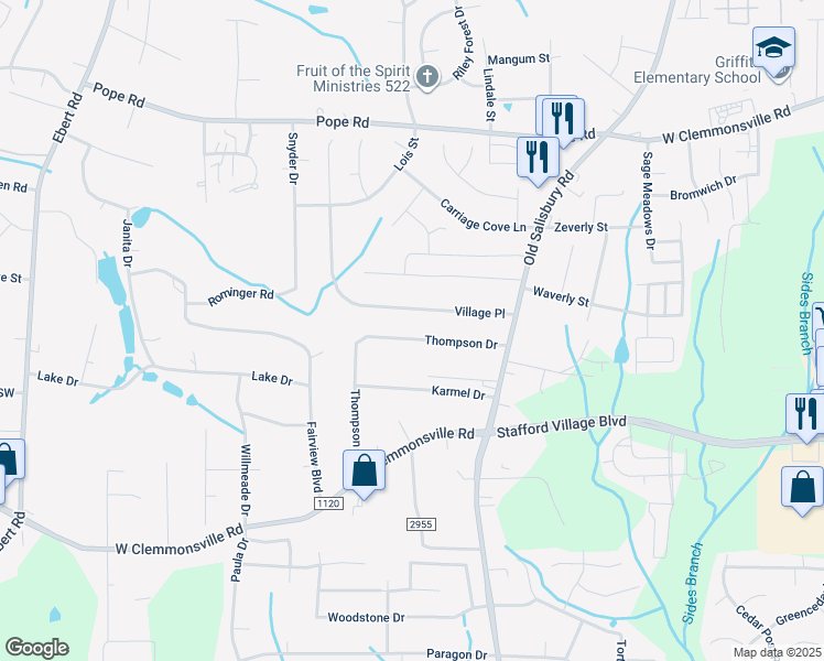 map of restaurants, bars, coffee shops, grocery stores, and more near 1685 Thompson Drive in Winston-Salem
