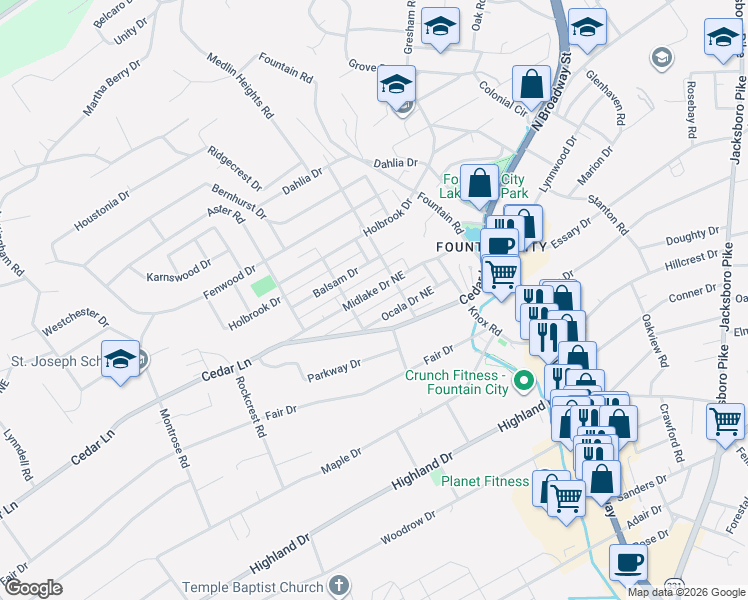 map of restaurants, bars, coffee shops, grocery stores, and more near 510 Midlake Drive Northeast in Knoxville