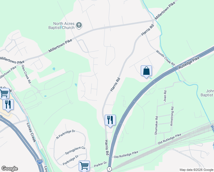 map of restaurants, bars, coffee shops, grocery stores, and more near 1929 Harris Road in Knoxville