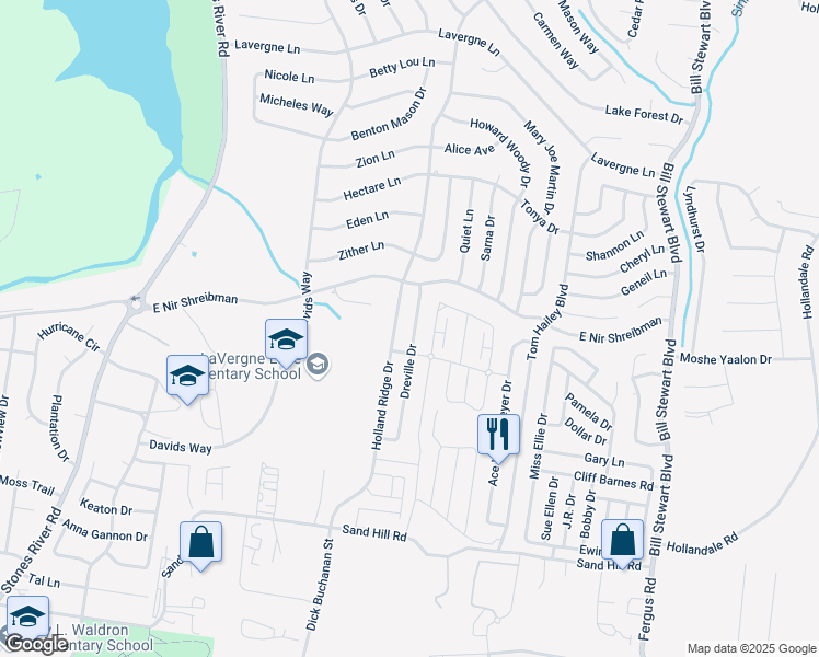map of restaurants, bars, coffee shops, grocery stores, and more near 153 Dreville Drive in La Vergne