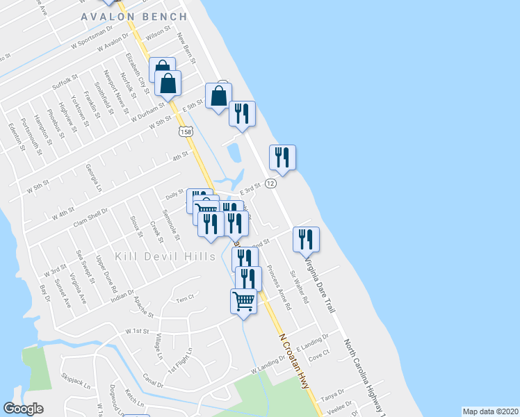 map of restaurants, bars, coffee shops, grocery stores, and more near 1721 Bobby Lee Trail in Kill Devil Hills