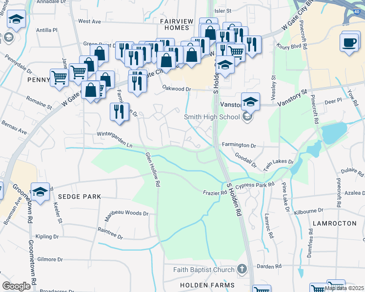 map of restaurants, bars, coffee shops, grocery stores, and more near 3310-3490 Farmington Drive in Greensboro