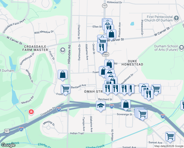 map of restaurants, bars, coffee shops, grocery stores, and more near 2801 Fawn Avenue in Durham