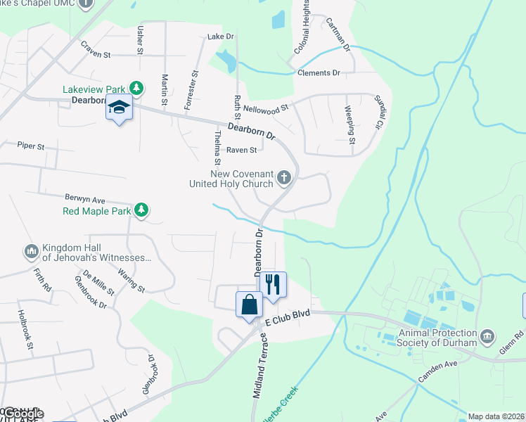 map of restaurants, bars, coffee shops, grocery stores, and more near 2707 Dearborn Drive in Durham