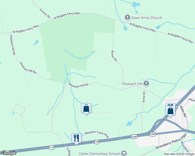 map of restaurants, bars, coffee shops, grocery stores, and more near 8529 Pleasant Hill Road in Knoxville