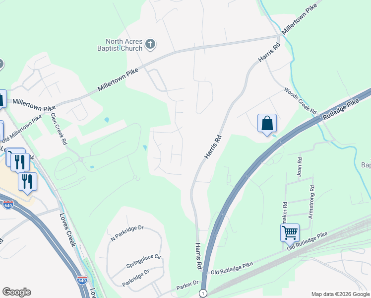 map of restaurants, bars, coffee shops, grocery stores, and more near 1929 Harris Road in Knoxville