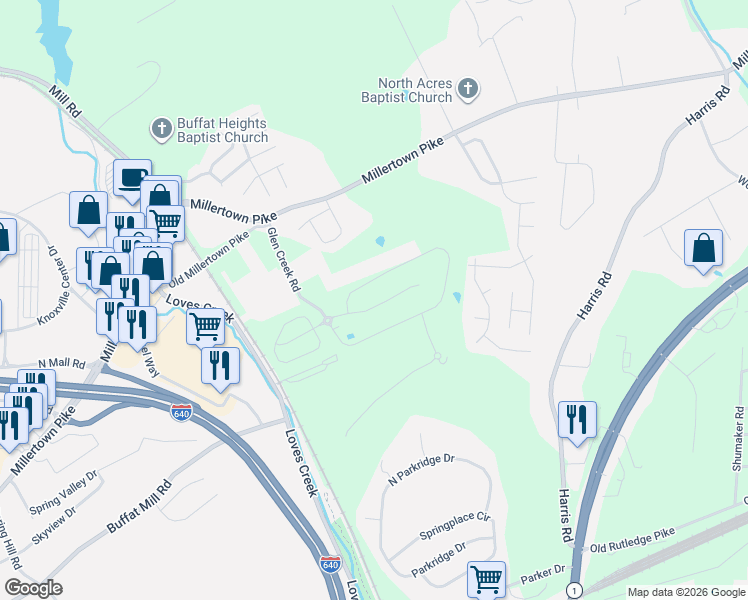 map of restaurants, bars, coffee shops, grocery stores, and more near 5535 Meadow Wells Drive in Knoxville