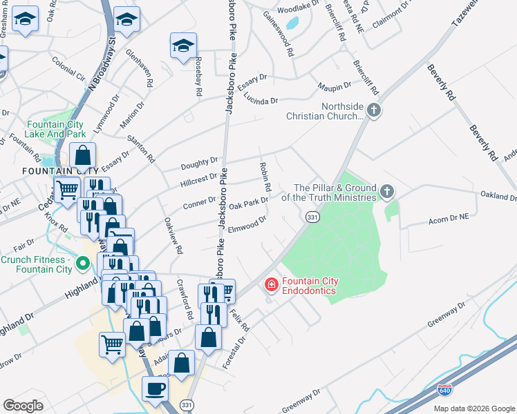 map of restaurants, bars, coffee shops, grocery stores, and more near 306 Oak Park Drive in Knoxville