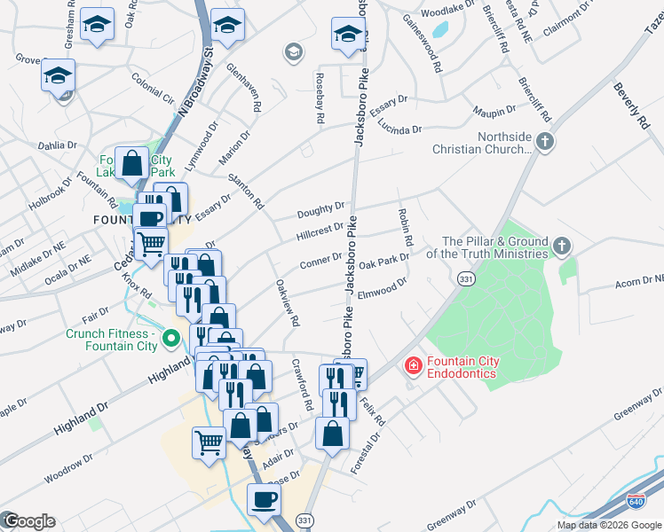 map of restaurants, bars, coffee shops, grocery stores, and more near 3106 Conner Drive in Knoxville