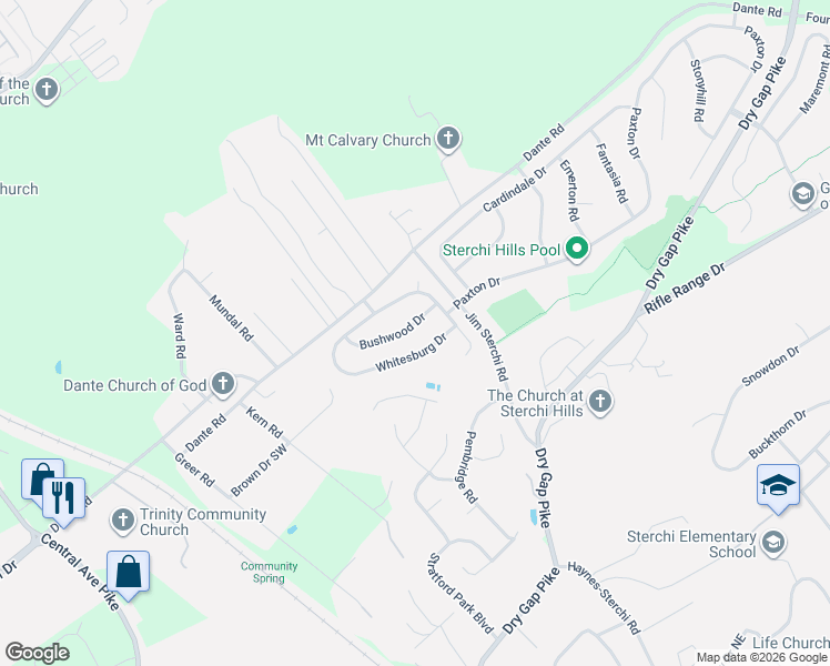 map of restaurants, bars, coffee shops, grocery stores, and more near 546 Bushwood Drive in Knoxville