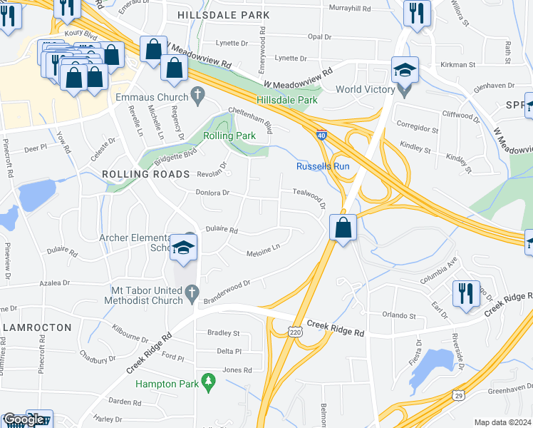 map of restaurants, bars, coffee shops, grocery stores, and more near 5 Donlora Court in Greensboro