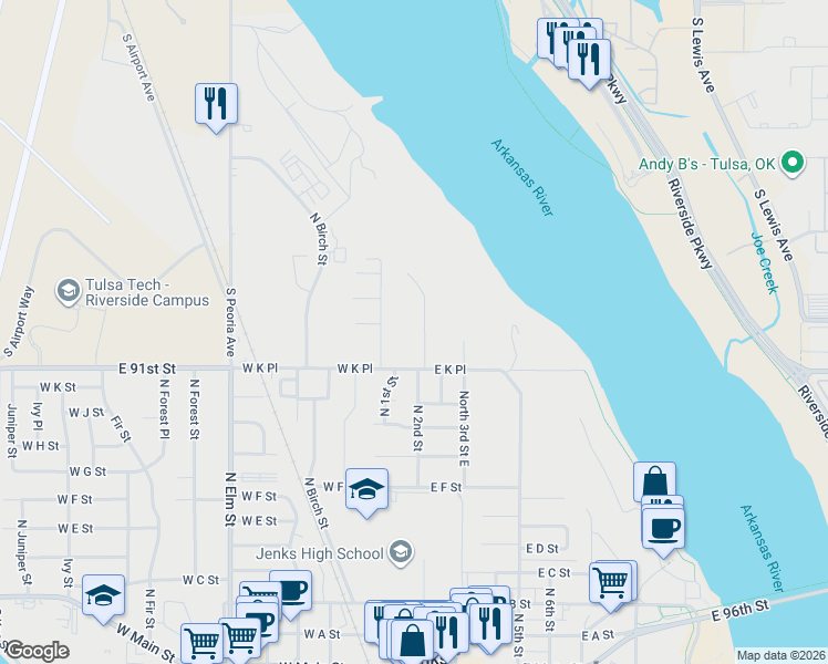map of restaurants, bars, coffee shops, grocery stores, and more near 1302 North 2nd Street in Jenks