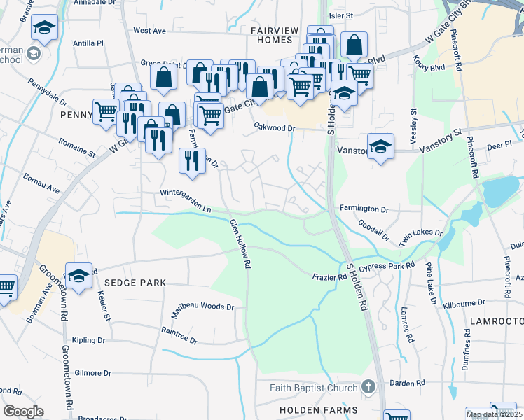 map of restaurants, bars, coffee shops, grocery stores, and more near 3500 Farmington Drive in Greensboro