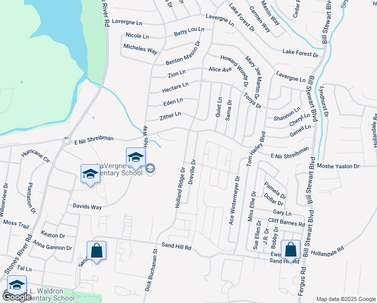 map of restaurants, bars, coffee shops, grocery stores, and more near 697 Holland Ridge Drive in La Vergne